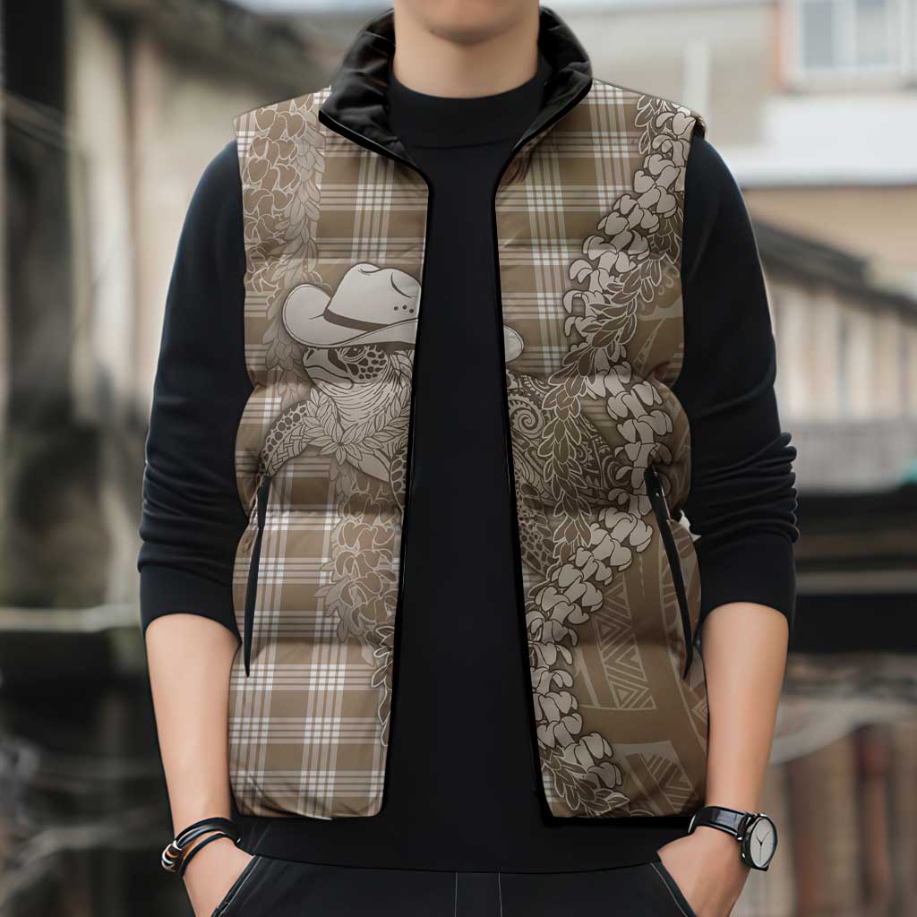 Beige Hawaii Palaka Cowboy Turtle Sleeveless Puffer Jacket Hawaiian Paniolo Puakenikeni Maile Lei DT05 - Polynesian Pride