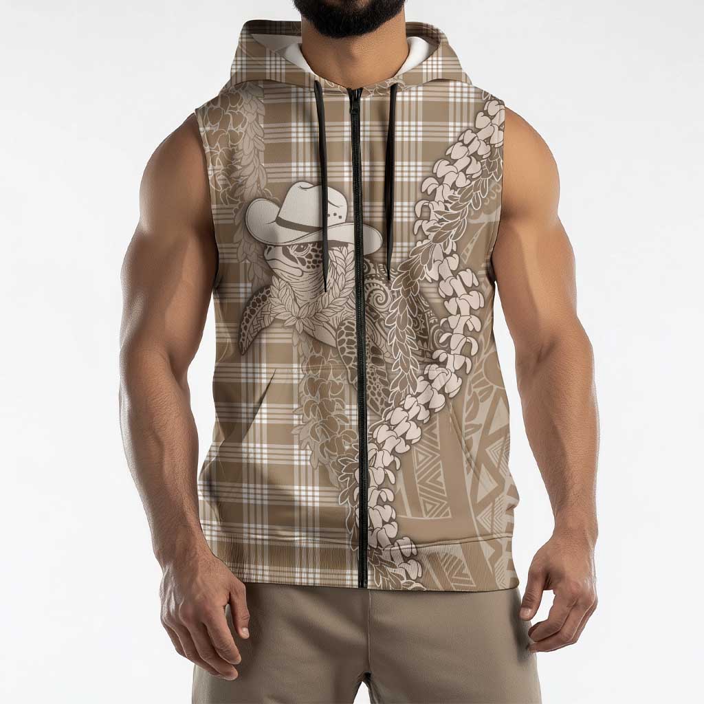 Beige Hawaii Palaka Cowboy Turtle Sleeveless Zip Hoodie Hawaiian Paniolo Puakenikeni Maile Lei DT05 - Polynesian Pride