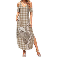 Beige Hawaii Palaka Cowboy Turtle Summer Maxi Dress Hawaiian Paniolo Puakenikeni Maile Lei DT05 Women Beige - Polynesian Pride