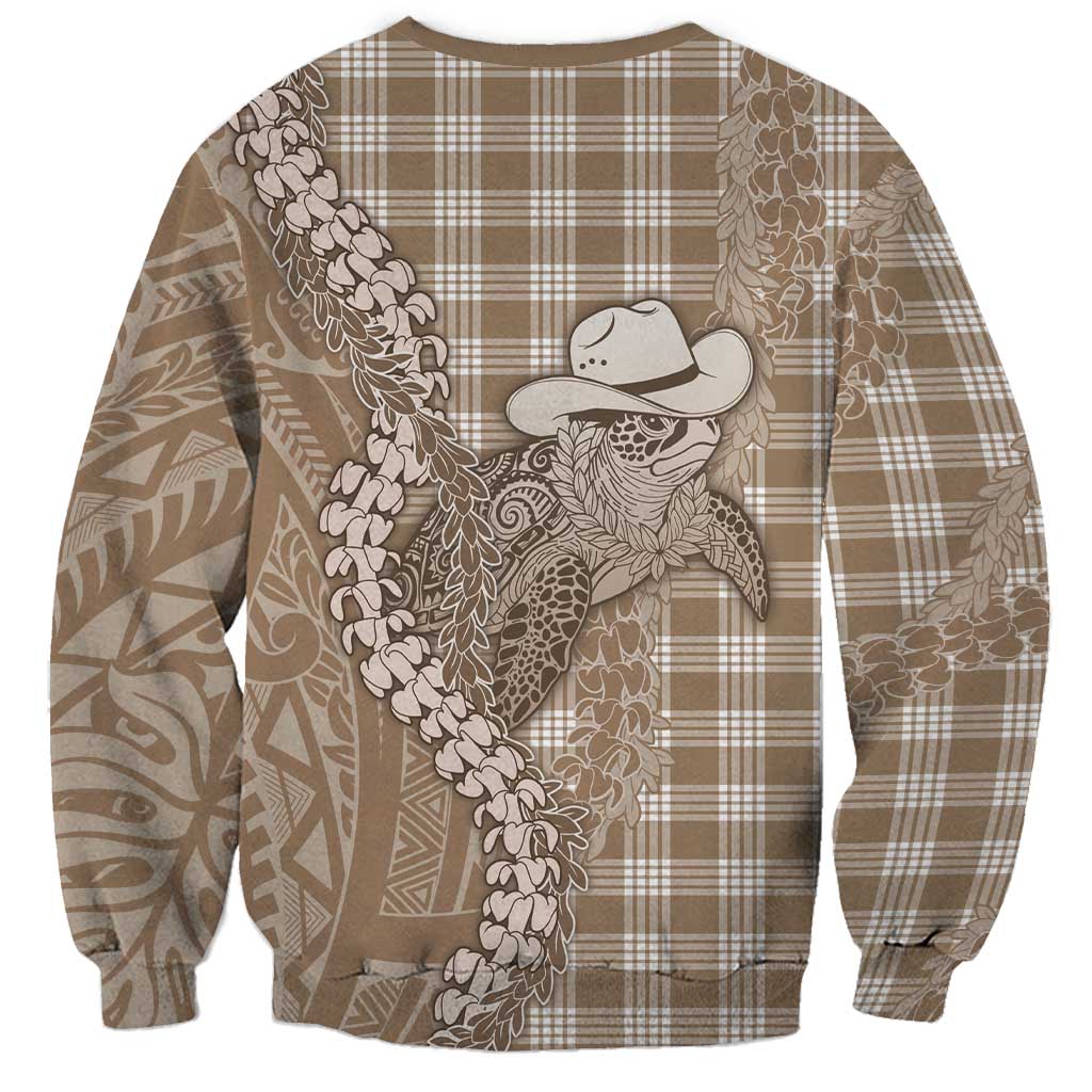 Beige Hawaii Palaka Cowboy Turtle Sweatshirt Hawaiian Paniolo Puakenikeni Maile Lei - Polynesian Pride