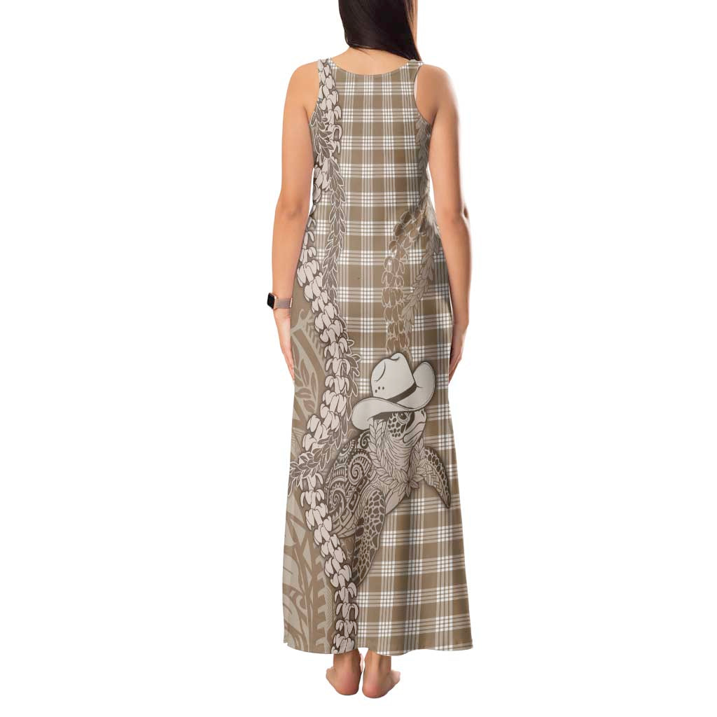 Beige Hawaii Palaka Cowboy Turtle Tank Maxi Dress Hawaiian Paniolo Puakenikeni Maile Lei DT05 - Polynesian Pride