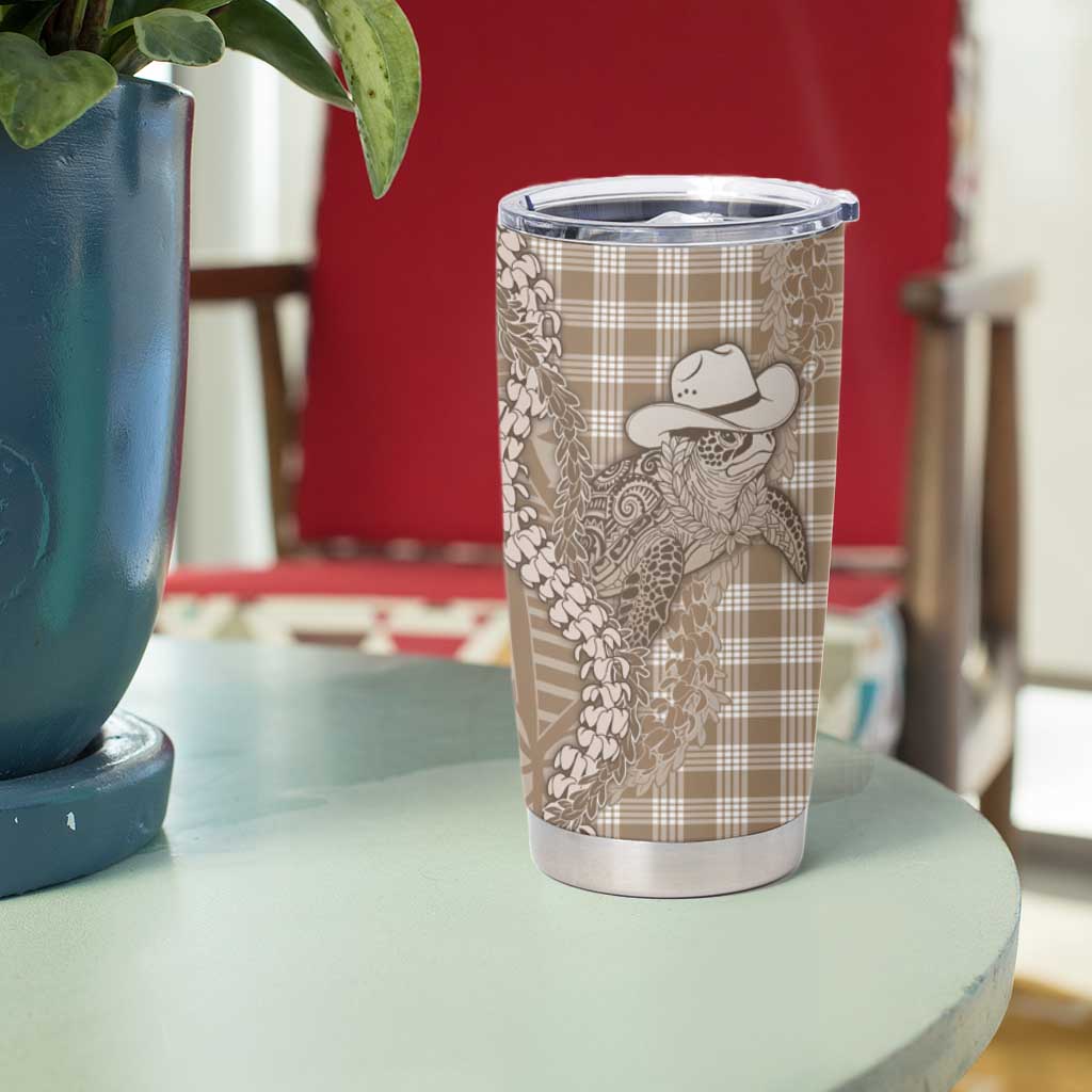 Beige Hawaii Palaka Cowboy Turtle Tumbler Cup Hawaiian Paniolo Puakenikeni Maile Lei DT05 - Polynesian Pride