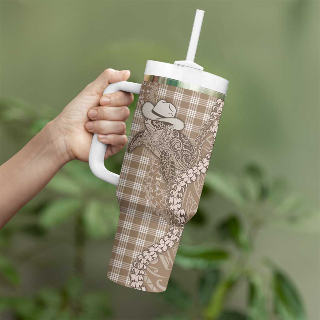 Beige Hawaii Palaka Cowboy Turtle Tumbler With Handle Hawaiian Paniolo Puakenikeni Maile Lei DT05 - Polynesian Pride