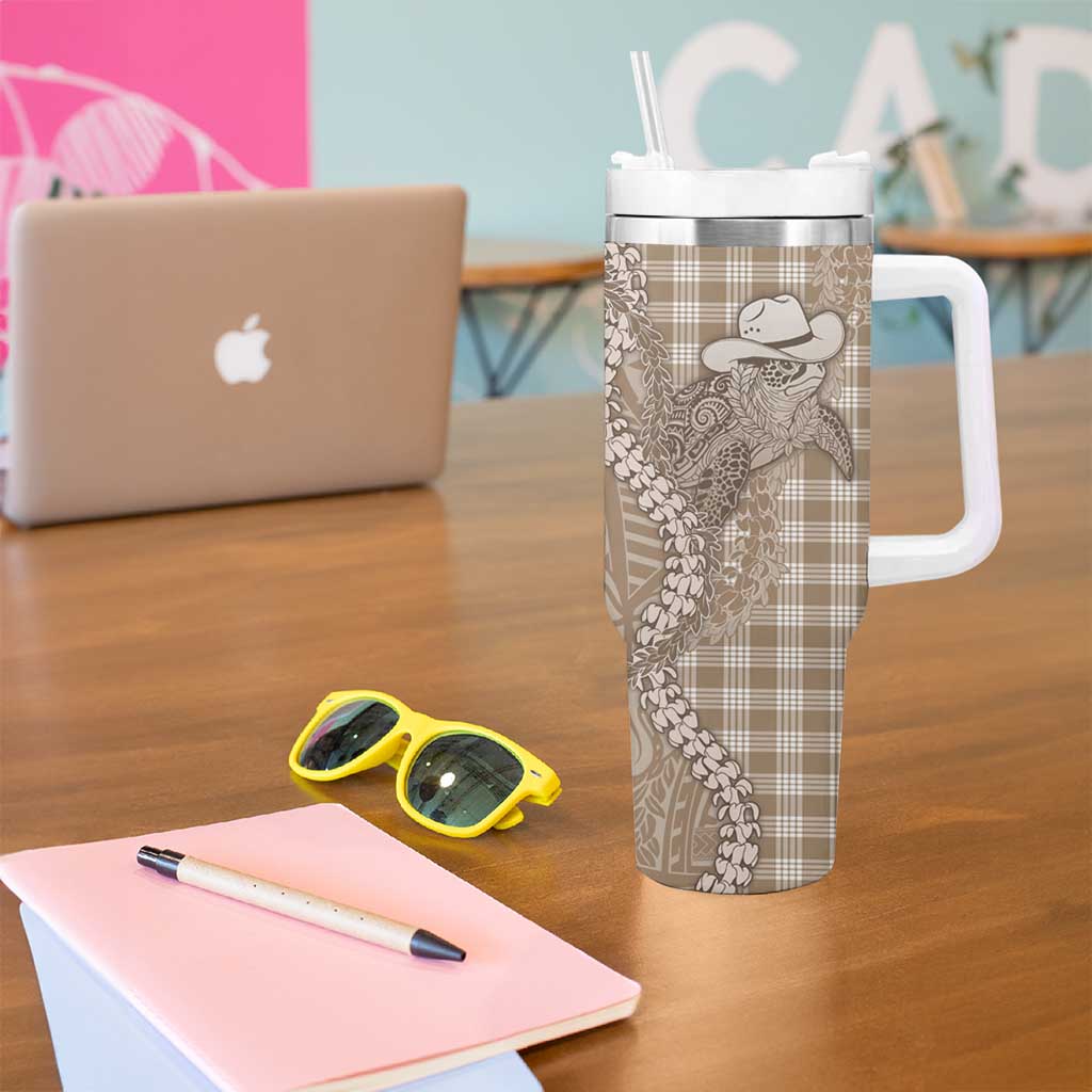 Beige Hawaii Palaka Cowboy Turtle Tumbler With Handle Hawaiian Paniolo Puakenikeni Maile Lei DT05 - Polynesian Pride