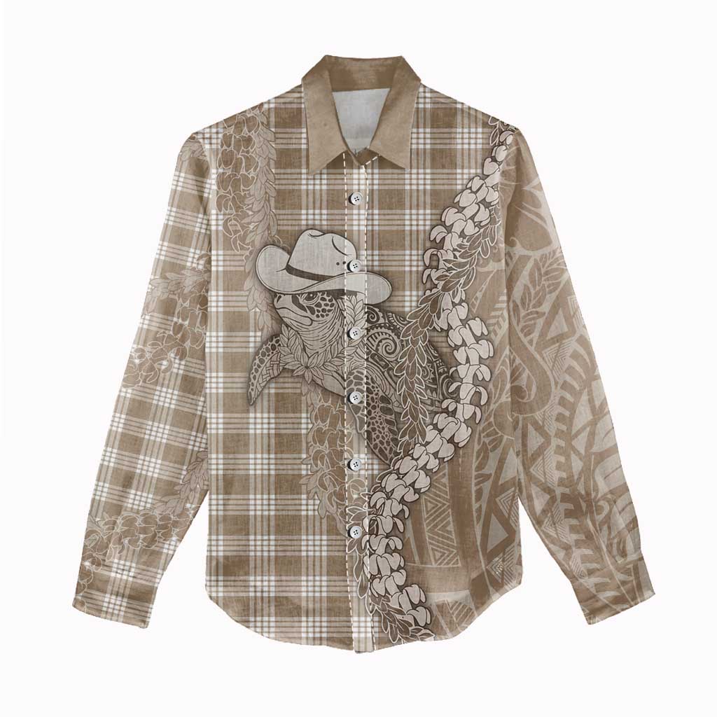 Beige Hawaii Palaka Cowboy Turtle Women Casual Shirt Hawaiian Paniolo Puakenikeni Maile Lei - Polynesian Pride