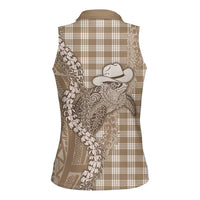 Beige Hawaii Palaka Cowboy Turtle Women Sleeveless Polo Shirt Hawaiian Paniolo Puakenikeni Maile Lei DT05 - Polynesian Pride