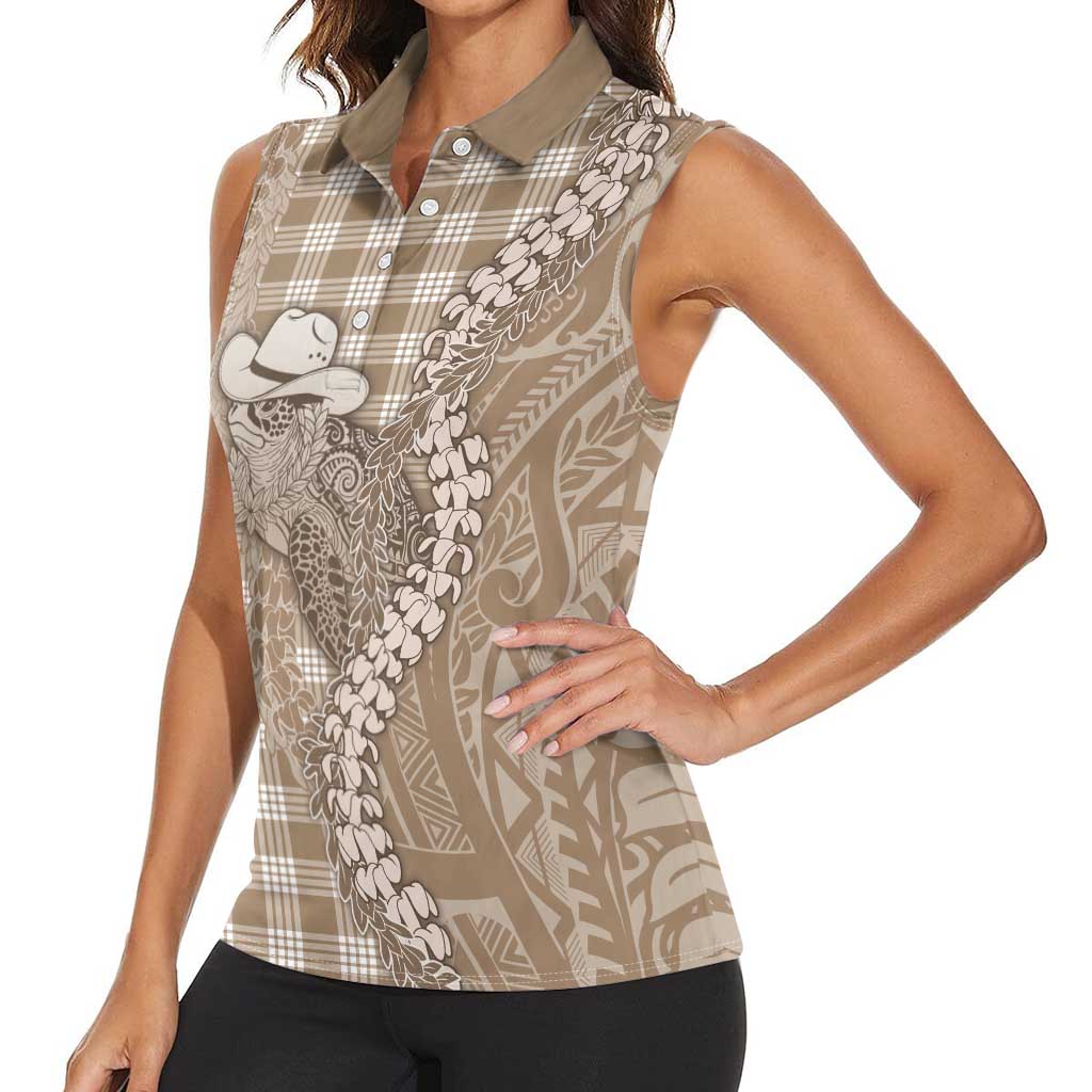Beige Hawaii Palaka Cowboy Turtle Women Sleeveless Polo Shirt Hawaiian Paniolo Puakenikeni Maile Lei DT05 - Polynesian Pride