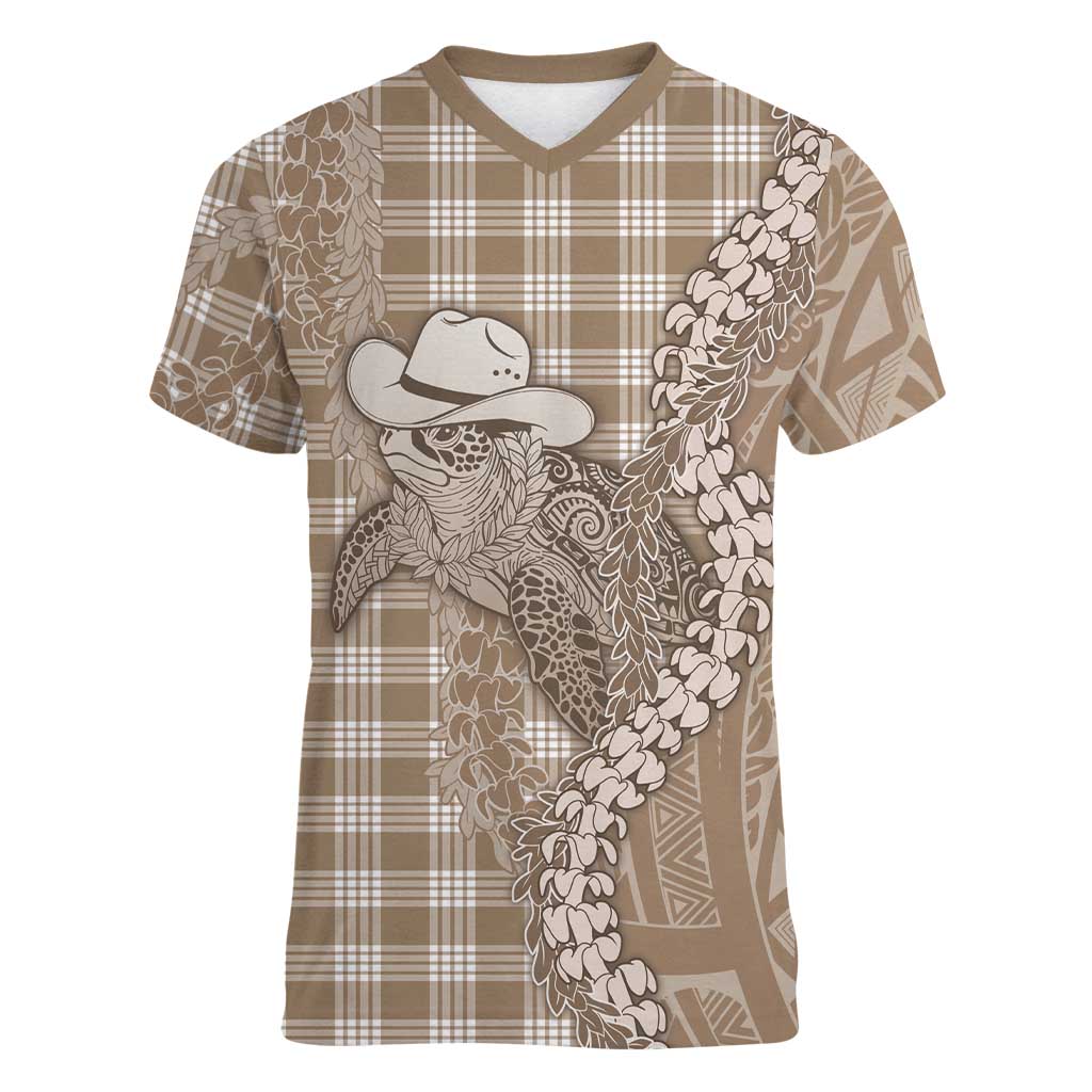 Beige Hawaii Palaka Cowboy Turtle Women V-Neck T-Shirt Hawaiian Paniolo Puakenikeni Maile Lei DT05 Female Beige - Polynesian Pride