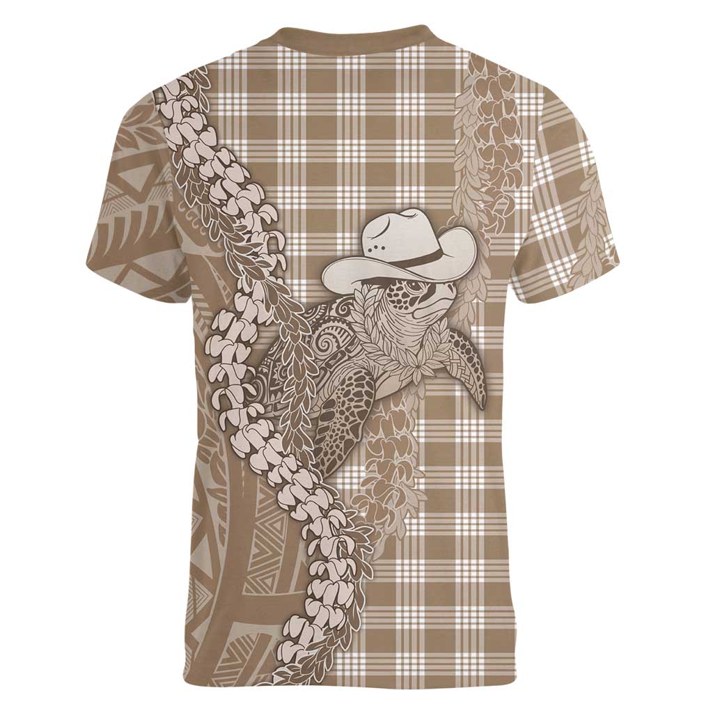 Beige Hawaii Palaka Cowboy Turtle Women V-Neck T-Shirt Hawaiian Paniolo Puakenikeni Maile Lei DT05 - Polynesian Pride