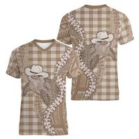Beige Hawaii Palaka Cowboy Turtle Women V-Neck T-Shirt Hawaiian Paniolo Puakenikeni Maile Lei DT05 - Polynesian Pride