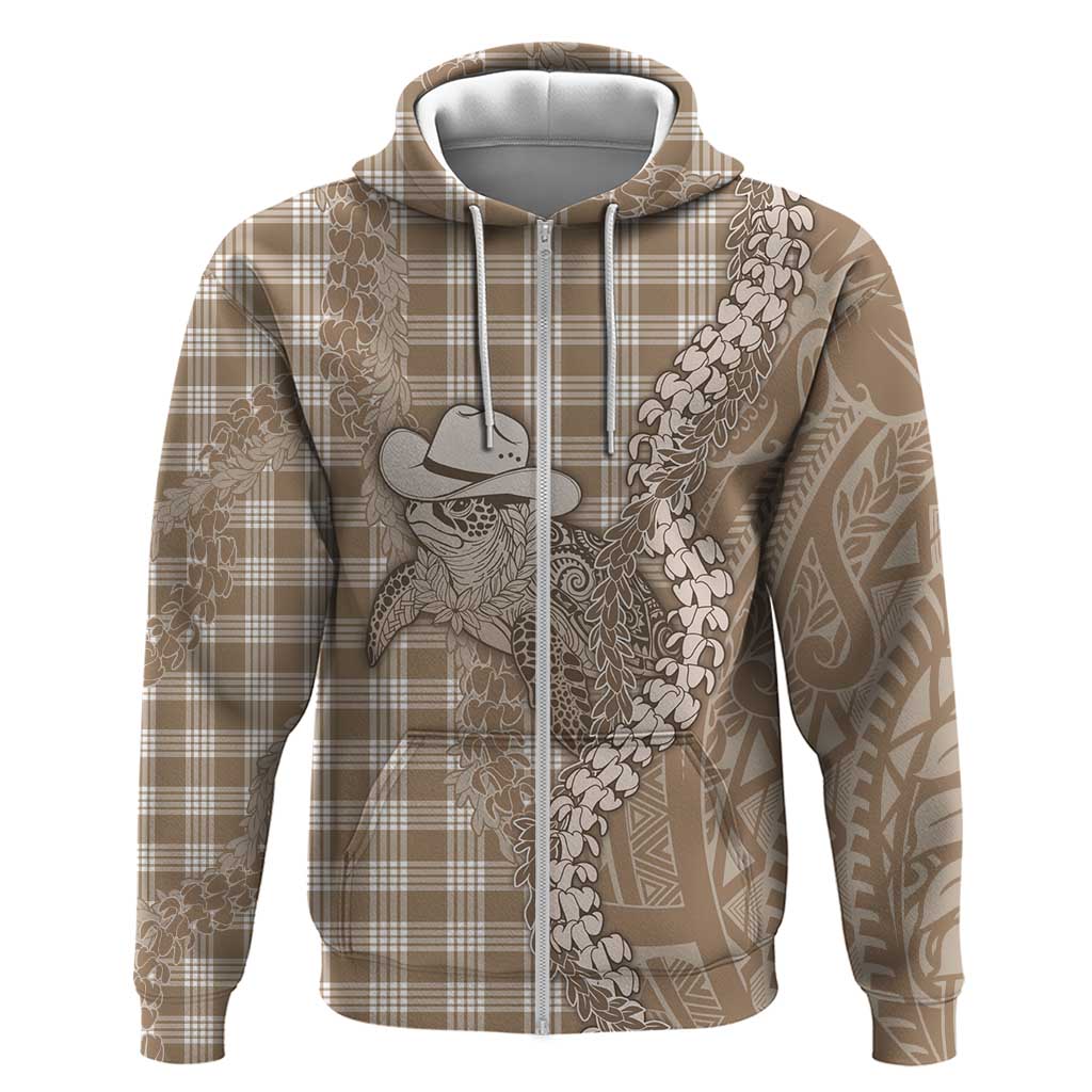 Beige Hawaii Palaka Cowboy Turtle Zip Hoodie Hawaiian Paniolo Puakenikeni Maile Lei DT05 Zip Hoodie Beige - Polynesian Pride
