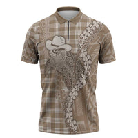 Beige Hawaii Palaka Cowboy Turtle Zipper Polo Shirt Hawaiian Paniolo Puakenikeni Maile Lei DT05 Beige - Polynesian Pride