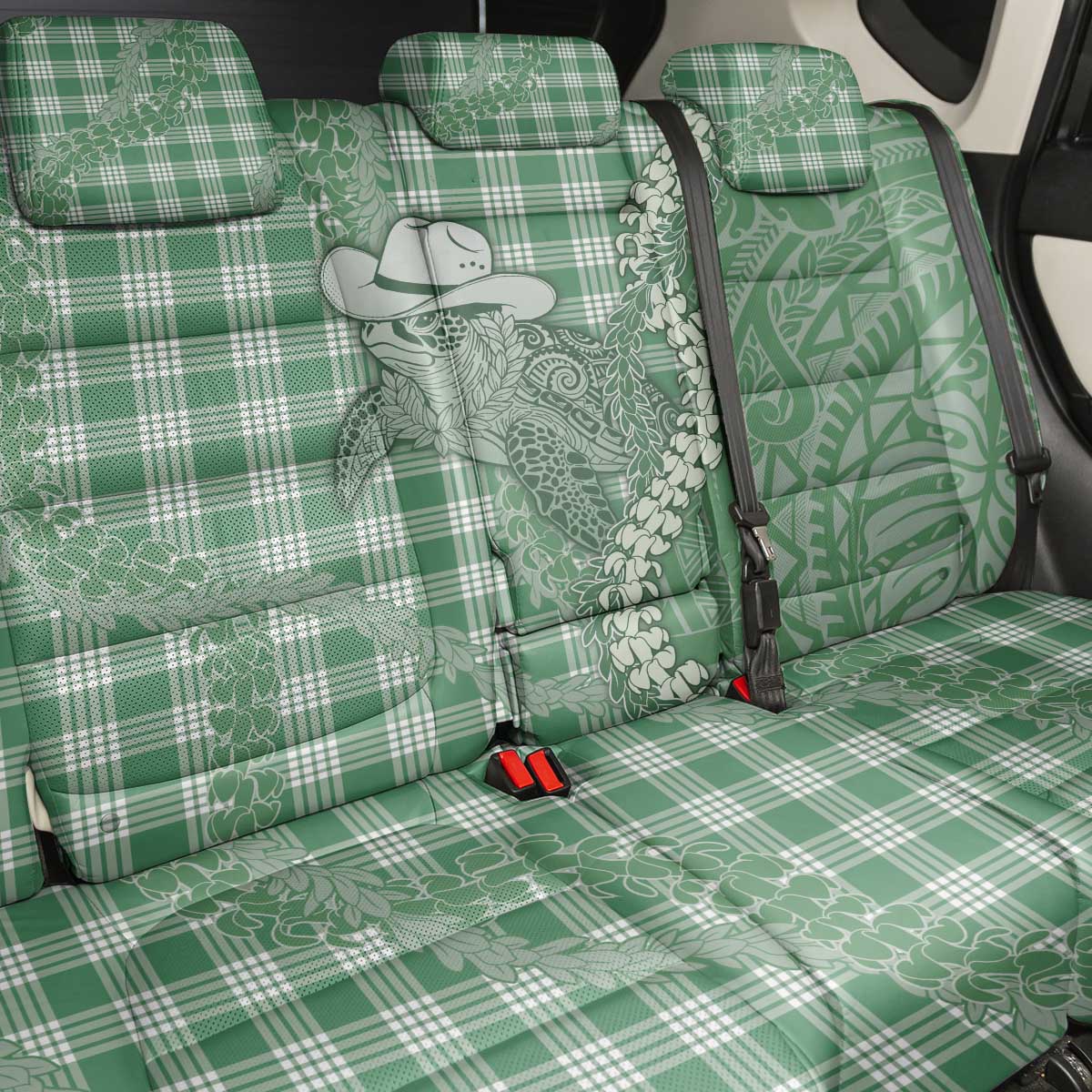 Green Hawaii Palaka Cowboy Turtle Back Car Seat Cover Hawaiian Paniolo Puakenikeni Maile Lei DT05 - Polynesian Pride