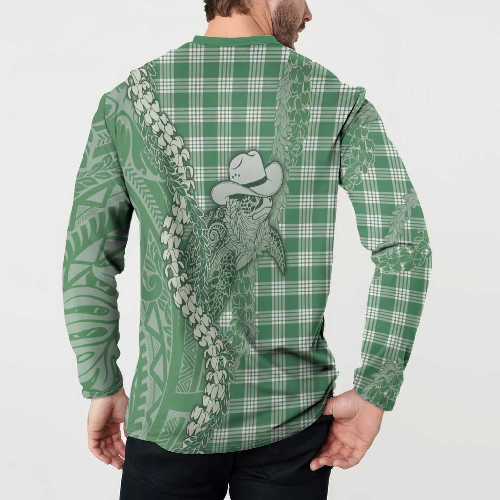 Green Hawaii Palaka Cowboy Turtle Button Sweatshirt Hawaiian Paniolo Puakenikeni Maile Lei - Polynesian Pride