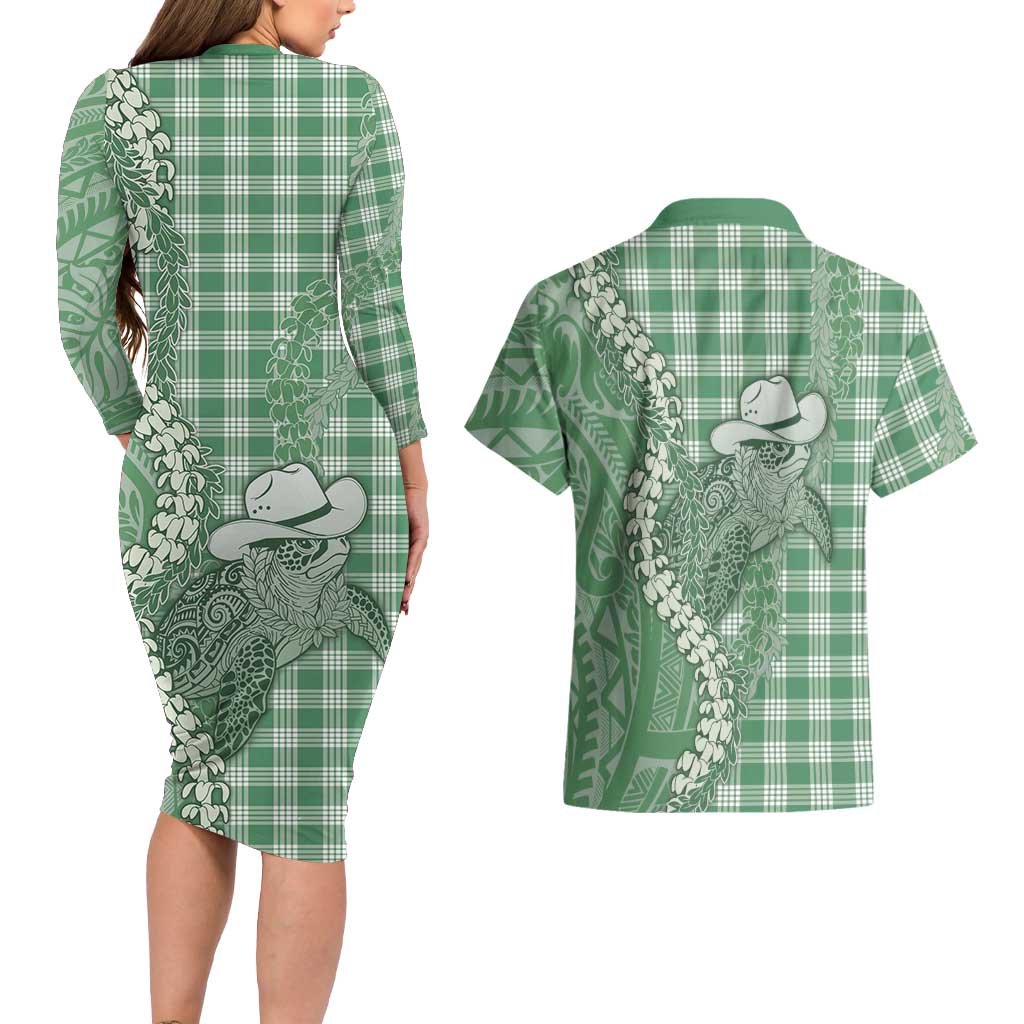 Green Hawaii Palaka Cowboy Turtle Couples Matching Long Sleeve Bodycon Dress and Hawaiian Shirt Hawaiian Paniolo Puakenikeni Maile Lei DT05 - Polynesian Pride