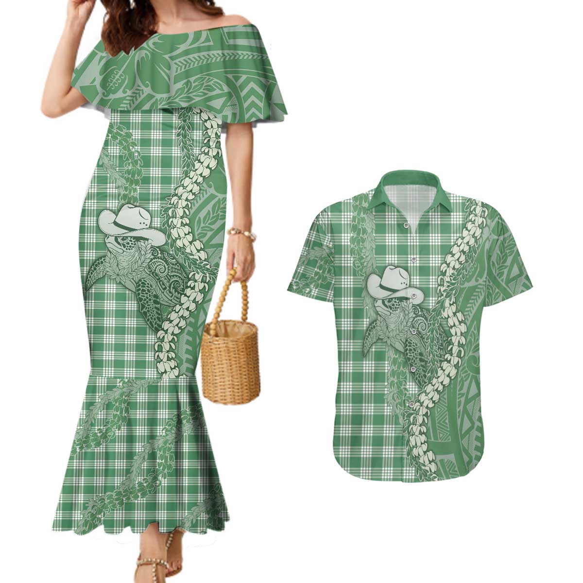 Green Hawaii Palaka Cowboy Turtle Couples Matching Mermaid Dress and Hawaiian Shirt Hawaiian Paniolo Puakenikeni Maile Lei - Polynesian Pride