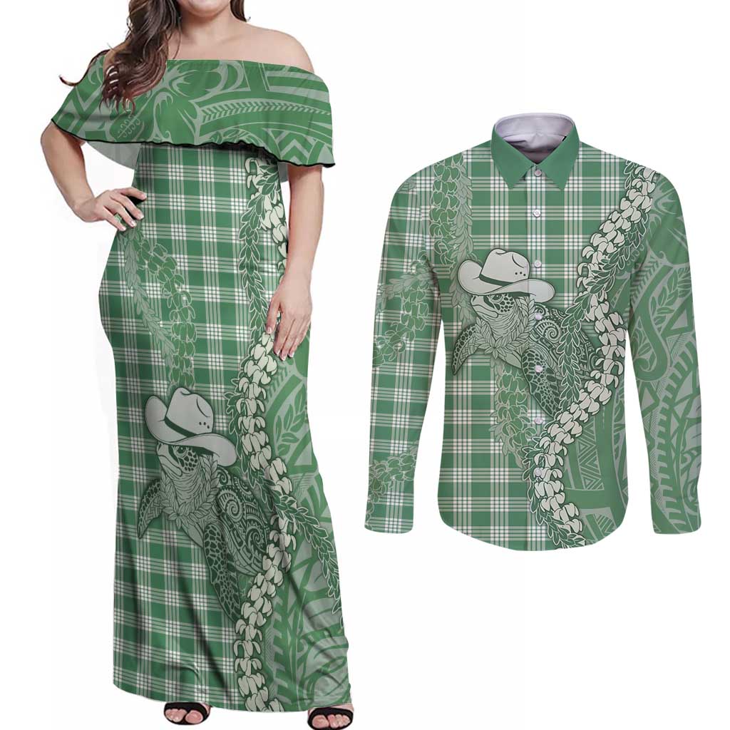 Green Hawaii Palaka Cowboy Turtle Couples Matching Off Shoulder Maxi Dress and Long Sleeve Button Shirt Hawaiian Paniolo Puakenikeni Maile Lei DT05 Green - Polynesian Pride