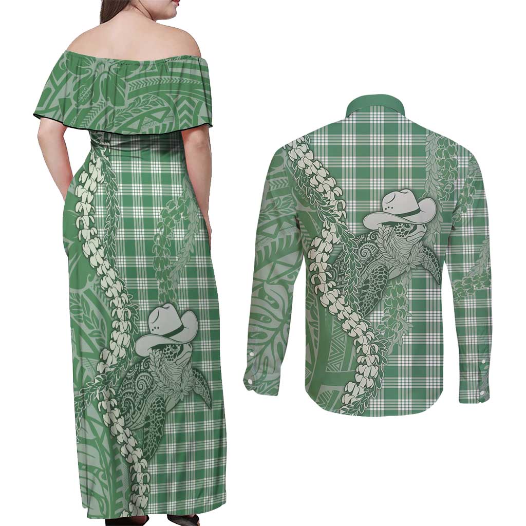 Green Hawaii Palaka Cowboy Turtle Couples Matching Off Shoulder Maxi Dress and Long Sleeve Button Shirt Hawaiian Paniolo Puakenikeni Maile Lei DT05 - Polynesian Pride