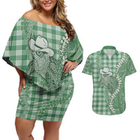 Green Hawaii Palaka Cowboy Turtle Couples Matching Off Shoulder Short Dress and Hawaiian Shirt Hawaiian Paniolo Puakenikeni Maile Lei DT05 Green - Polynesian Pride