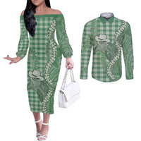 Green Hawaii Palaka Cowboy Turtle Couples Matching Off The Shoulder Long Sleeve Dress and Long Sleeve Button Shirt Hawaiian Paniolo Puakenikeni Maile Lei DT05 Green - Polynesian Pride