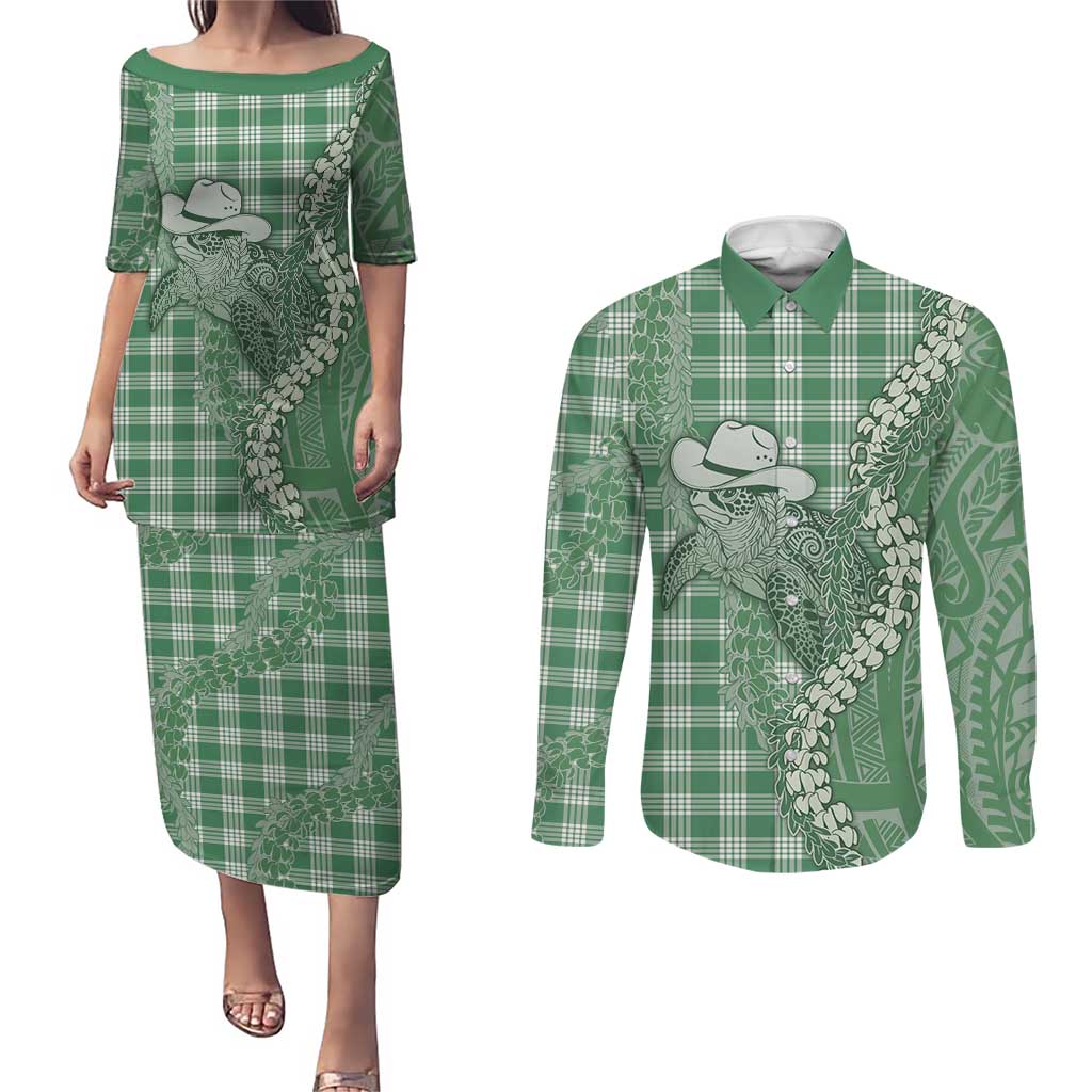 Green Hawaii Palaka Cowboy Turtle Couples Matching Puletasi and Long Sleeve Button Shirt Hawaiian Paniolo Puakenikeni Maile Lei - Polynesian Pride