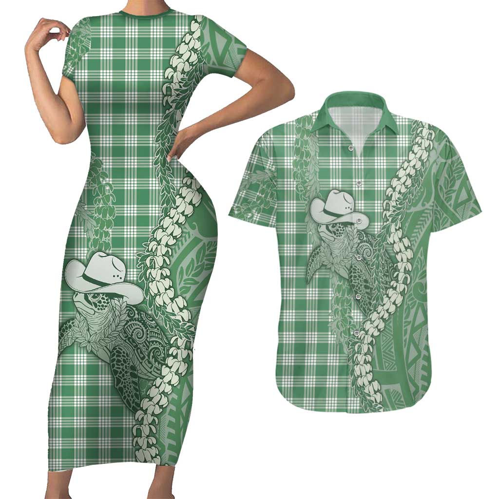 Green Hawaii Palaka Cowboy Turtle Couples Matching Short Sleeve Bodycon Dress and Hawaiian Shirt Hawaiian Paniolo Puakenikeni Maile Lei DT05 Green - Polynesian Pride