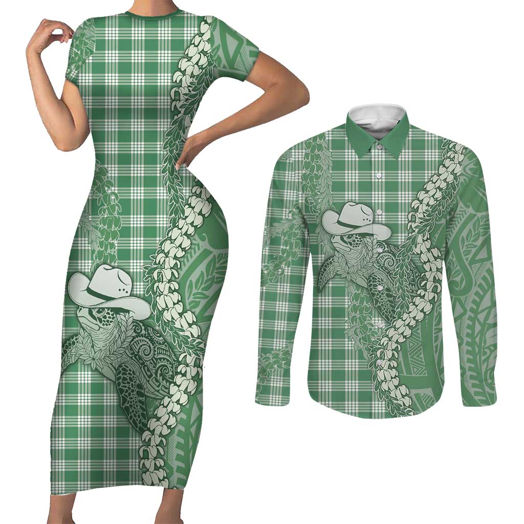 Green Hawaii Palaka Cowboy Turtle Couples Matching Short Sleeve Bodycon Dress and Long Sleeve Button Shirt Hawaiian Paniolo Puakenikeni Maile Lei DT05 Green - Polynesian Pride