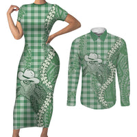 Green Hawaii Palaka Cowboy Turtle Couples Matching Short Sleeve Bodycon Dress and Long Sleeve Button Shirt Hawaiian Paniolo Puakenikeni Maile Lei DT05 Green - Polynesian Pride