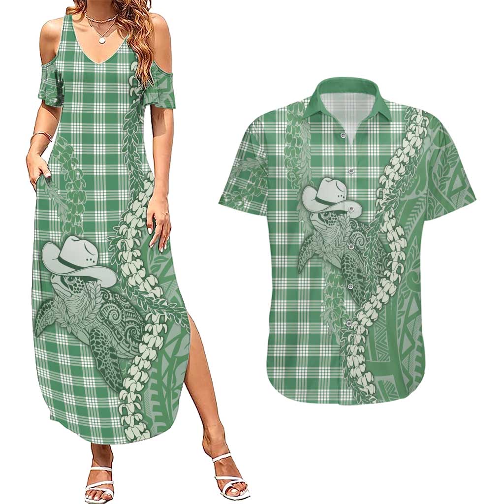Green Hawaii Palaka Cowboy Turtle Couples Matching Summer Maxi Dress and Hawaiian Shirt Hawaiian Paniolo Puakenikeni Maile Lei DT05 Green - Polynesian Pride