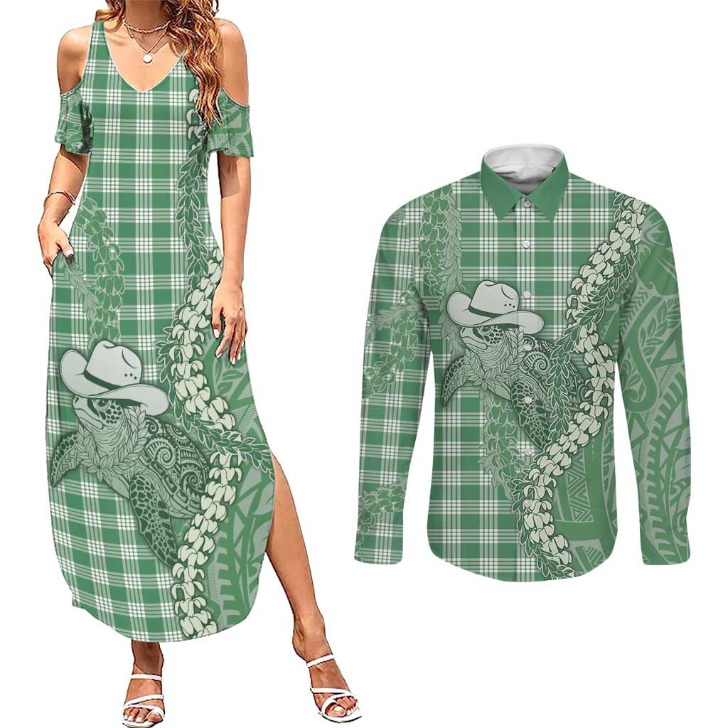 Green Hawaii Palaka Cowboy Turtle Couples Matching Summer Maxi Dress and Long Sleeve Button Shirt Hawaiian Paniolo Puakenikeni Maile Lei DT05 Green - Polynesian Pride