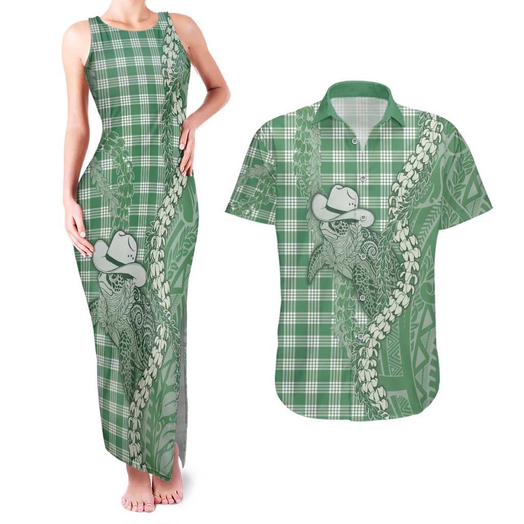 Green Hawaii Palaka Cowboy Turtle Couples Matching Tank Maxi Dress and Hawaiian Shirt Hawaiian Paniolo Puakenikeni Maile Lei DT05 Green - Polynesian Pride