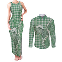 Green Hawaii Palaka Cowboy Turtle Couples Matching Tank Maxi Dress and Long Sleeve Button Shirt Hawaiian Paniolo Puakenikeni Maile Lei DT05 Green - Polynesian Pride