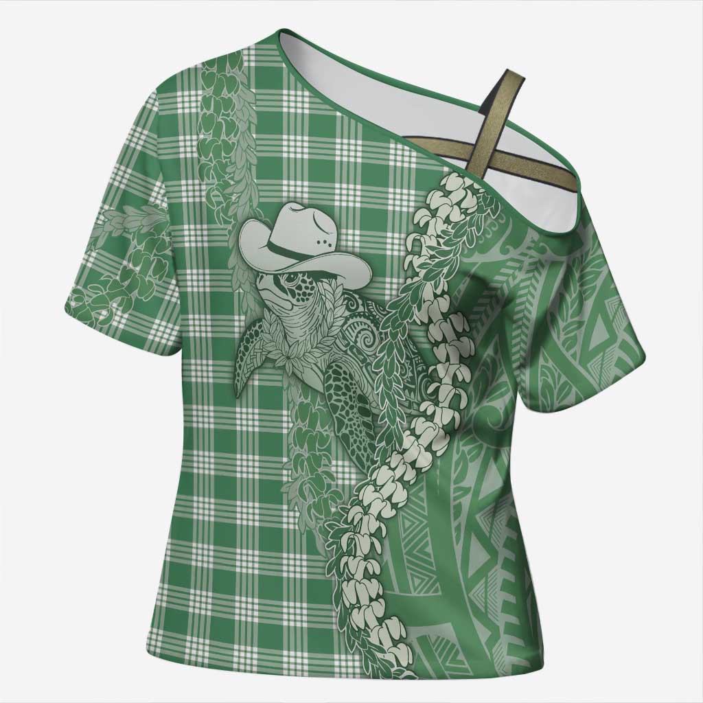 Green Hawaii Palaka Cowboy Turtle Cross Shoulder Shirt Hawaiian Paniolo Puakenikeni Maile Lei DT05 Female Green - Polynesian Pride