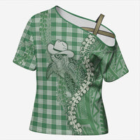 Green Hawaii Palaka Cowboy Turtle Cross Shoulder Shirt Hawaiian Paniolo Puakenikeni Maile Lei DT05 Female Green - Polynesian Pride