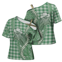 Green Hawaii Palaka Cowboy Turtle Cross Shoulder Shirt Hawaiian Paniolo Puakenikeni Maile Lei DT05 - Polynesian Pride