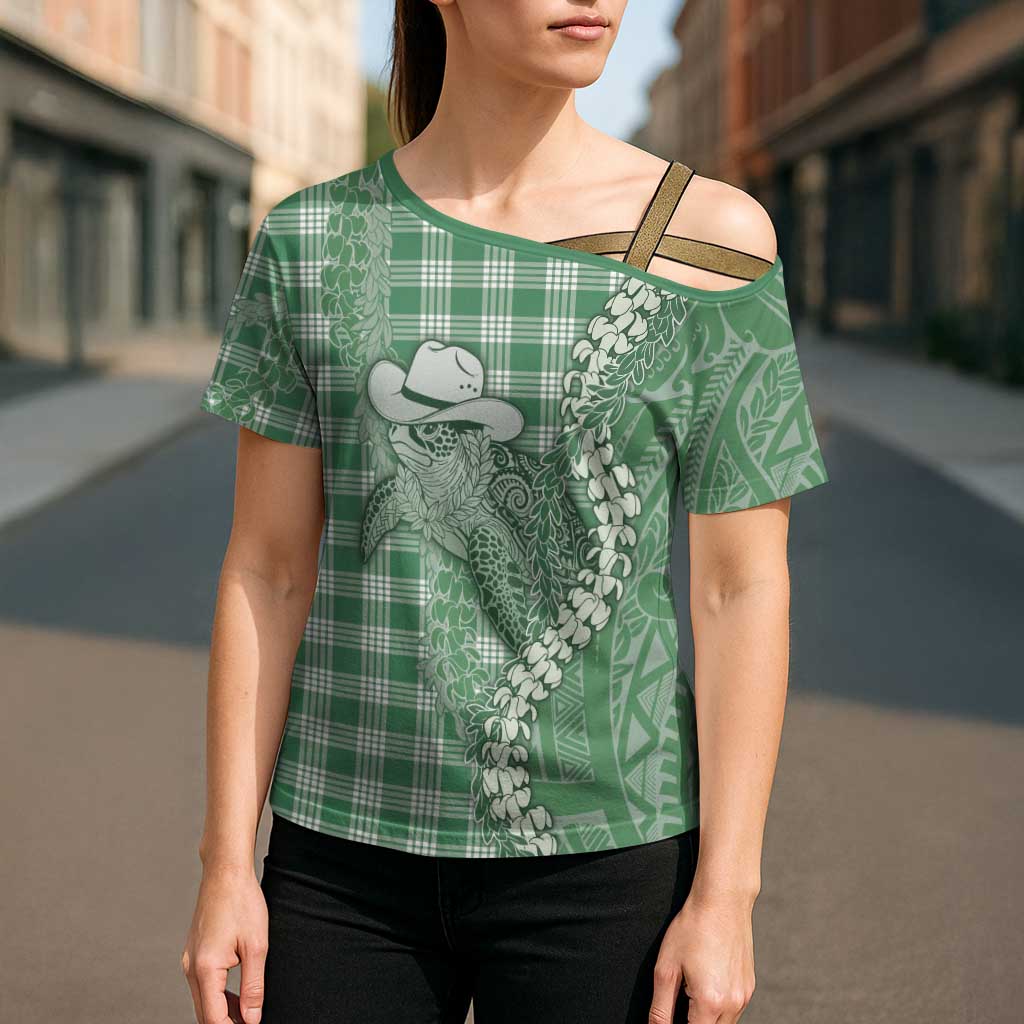 Green Hawaii Palaka Cowboy Turtle Cross Shoulder Shirt Hawaiian Paniolo Puakenikeni Maile Lei DT05 - Polynesian Pride