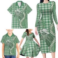 Green Hawaii Palaka Cowboy Turtle Family Matching Long Sleeve Bodycon Dress and Hawaiian Shirt Hawaiian Paniolo Puakenikeni Maile Lei DT05 - Polynesian Pride