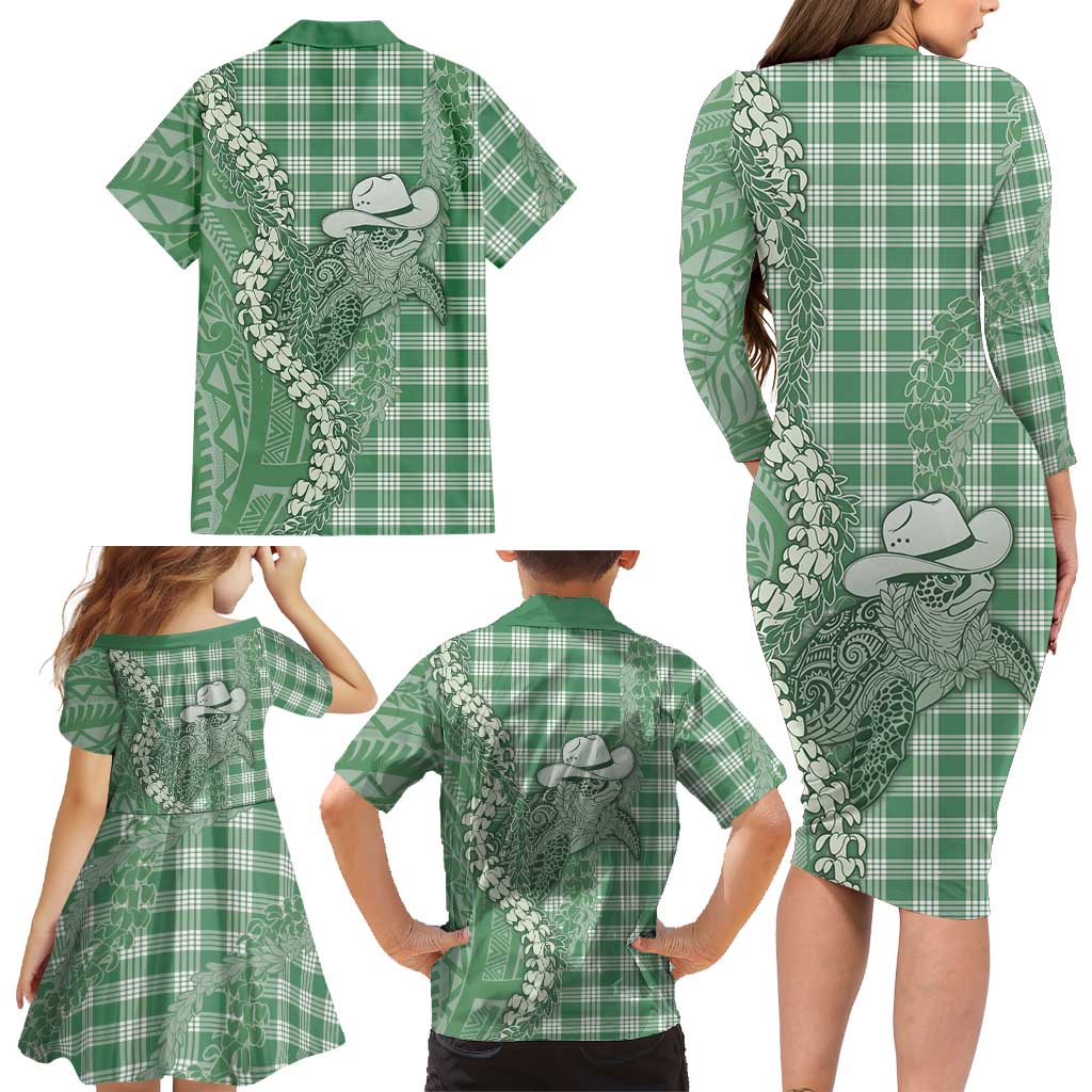 Green Hawaii Palaka Cowboy Turtle Family Matching Long Sleeve Bodycon Dress and Hawaiian Shirt Hawaiian Paniolo Puakenikeni Maile Lei DT05 - Polynesian Pride