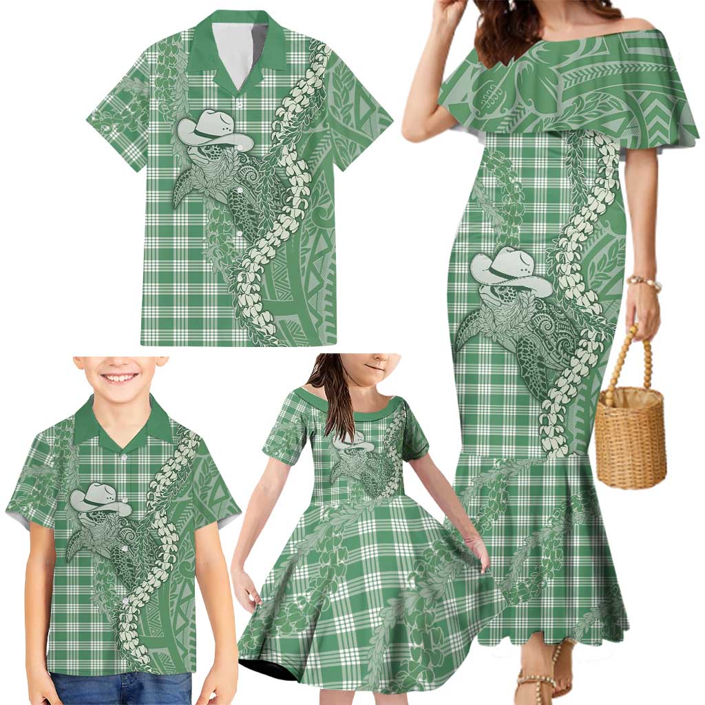 Green Hawaii Palaka Cowboy Turtle Family Matching Mermaid Dress and Hawaiian Shirt Hawaiian Paniolo Puakenikeni Maile Lei DT05 - Polynesian Pride