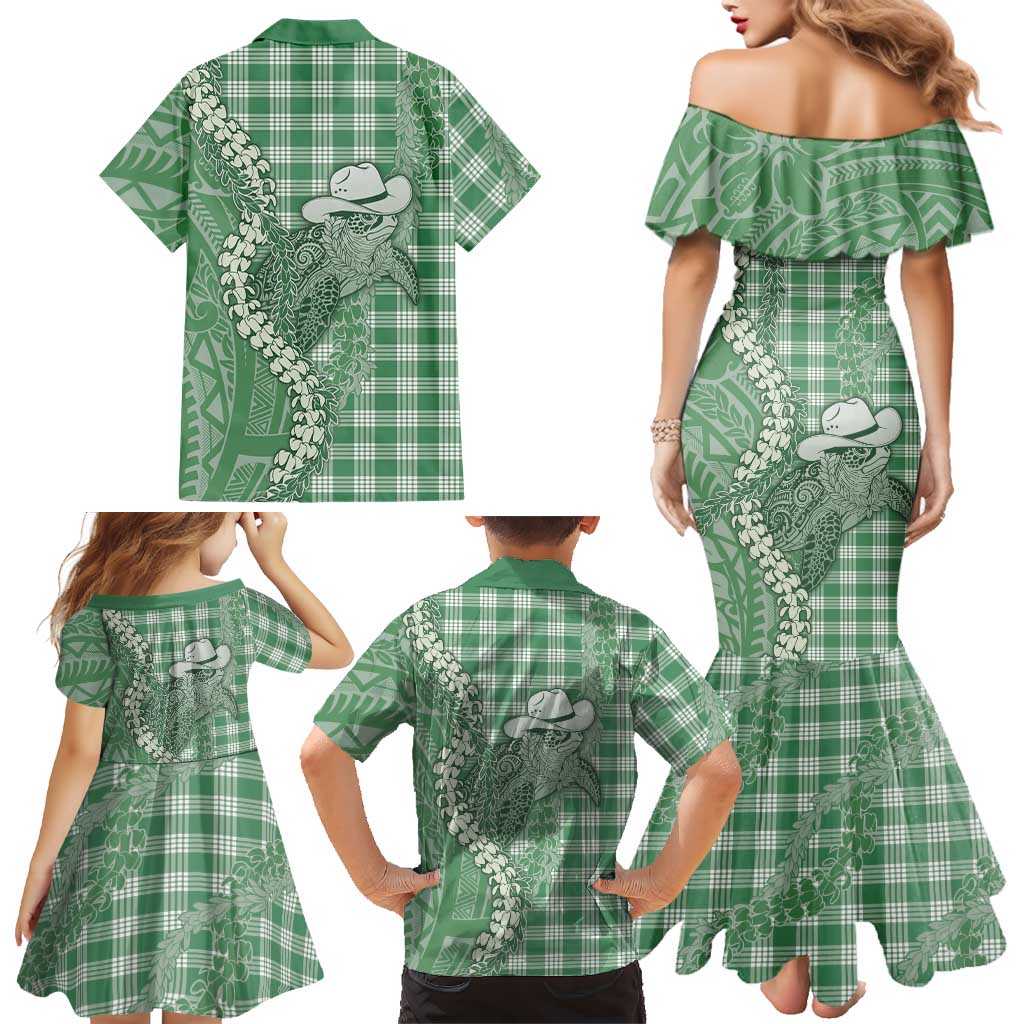 Green Hawaii Palaka Cowboy Turtle Family Matching Mermaid Dress and Hawaiian Shirt Hawaiian Paniolo Puakenikeni Maile Lei DT05 - Polynesian Pride