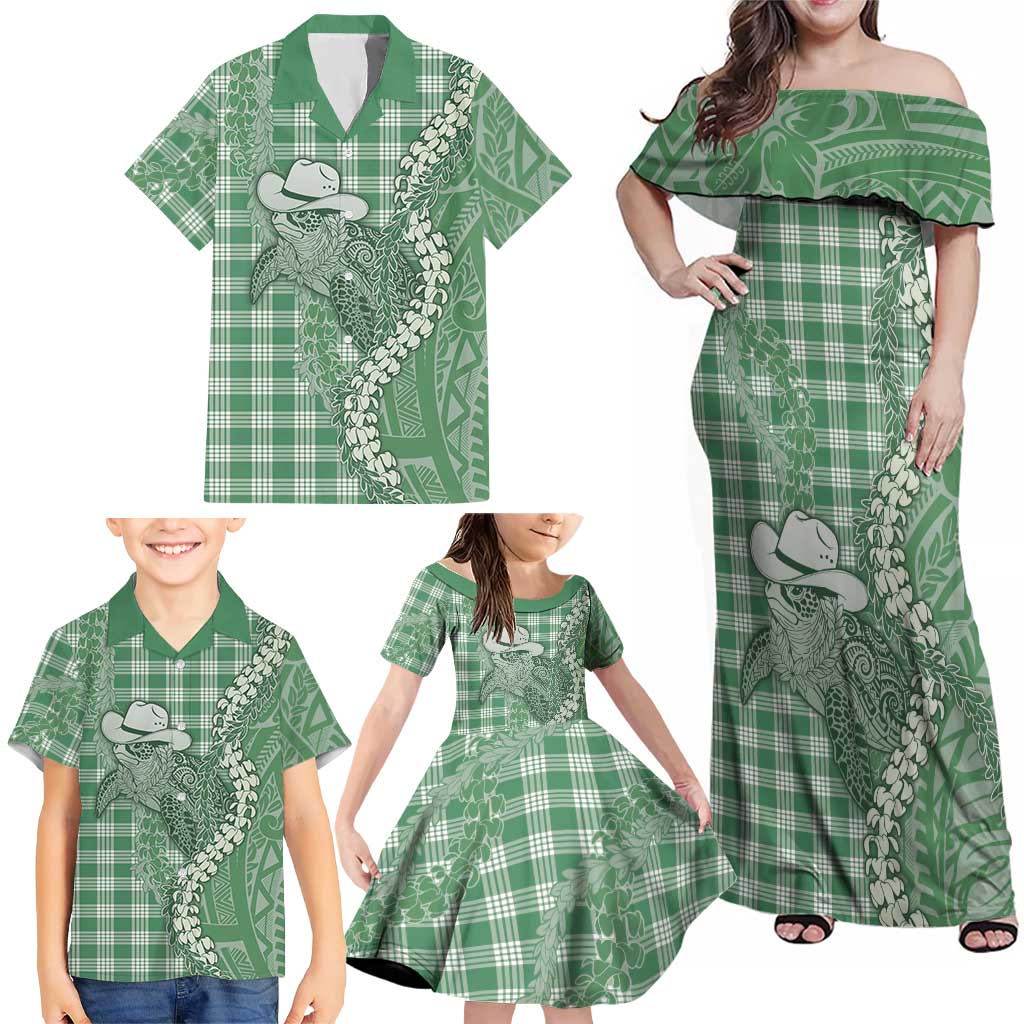 Green Hawaii Palaka Cowboy Turtle Family Matching Off Shoulder Maxi Dress and Hawaiian Shirt Hawaiian Paniolo Puakenikeni Maile Lei DT05 - Polynesian Pride
