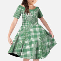 Green Hawaii Palaka Cowboy Turtle Family Matching Off Shoulder Short Dress and Hawaiian Shirt Hawaiian Paniolo Puakenikeni Maile Lei DT05 Daughter's Dress Green - Polynesian Pride