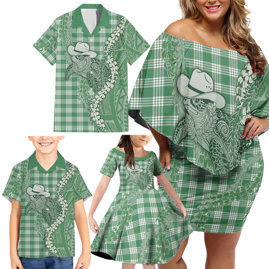 Green Hawaii Palaka Cowboy Turtle Family Matching Off Shoulder Short Dress and Hawaiian Shirt Hawaiian Paniolo Puakenikeni Maile Lei DT05 - Polynesian Pride