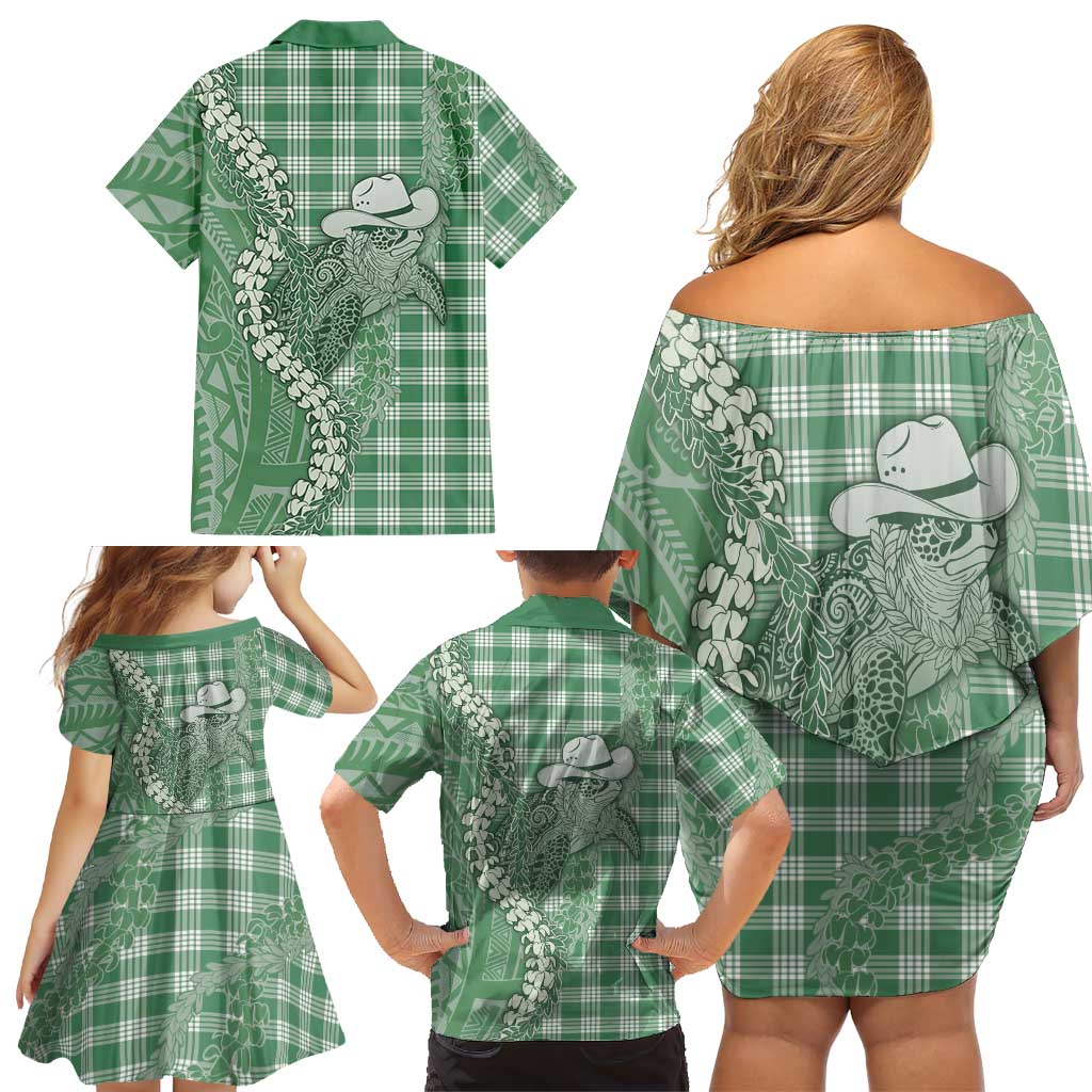 Green Hawaii Palaka Cowboy Turtle Family Matching Off Shoulder Short Dress and Hawaiian Shirt Hawaiian Paniolo Puakenikeni Maile Lei DT05 - Polynesian Pride