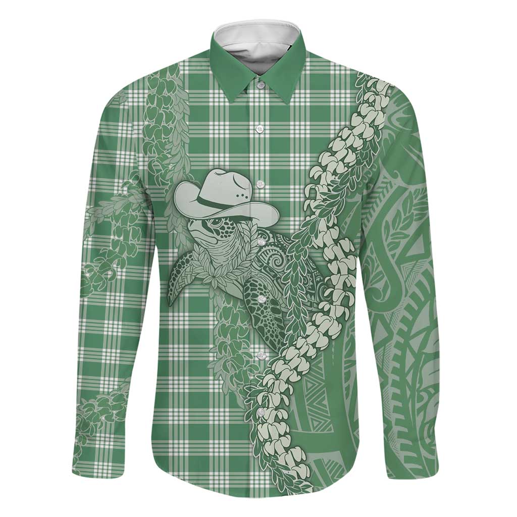Green Hawaii Palaka Cowboy Turtle Family Matching Off Shoulder Short Dress and Hawaiian Shirt Hawaiian Paniolo Puakenikeni Maile Lei DT05 Dad's Shirt - Long Sleeve Green - Polynesian Pride