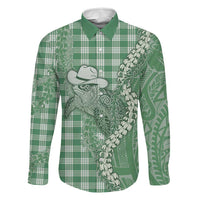 Green Hawaii Palaka Cowboy Turtle Family Matching Off Shoulder Short Dress and Hawaiian Shirt Hawaiian Paniolo Puakenikeni Maile Lei DT05 Dad's Shirt - Long Sleeve Green - Polynesian Pride
