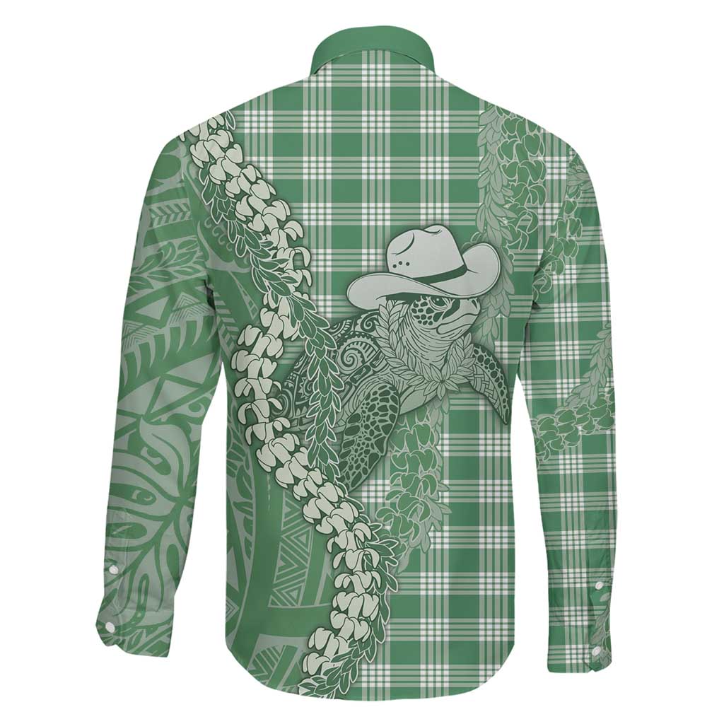 Green Hawaii Palaka Cowboy Turtle Family Matching Off Shoulder Short Dress and Hawaiian Shirt Hawaiian Paniolo Puakenikeni Maile Lei DT05 - Polynesian Pride