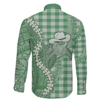 Green Hawaii Palaka Cowboy Turtle Family Matching Off Shoulder Short Dress and Hawaiian Shirt Hawaiian Paniolo Puakenikeni Maile Lei DT05 - Polynesian Pride