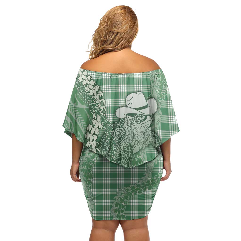 Green Hawaii Palaka Cowboy Turtle Family Matching Off Shoulder Short Dress and Hawaiian Shirt Hawaiian Paniolo Puakenikeni Maile Lei DT05 - Polynesian Pride