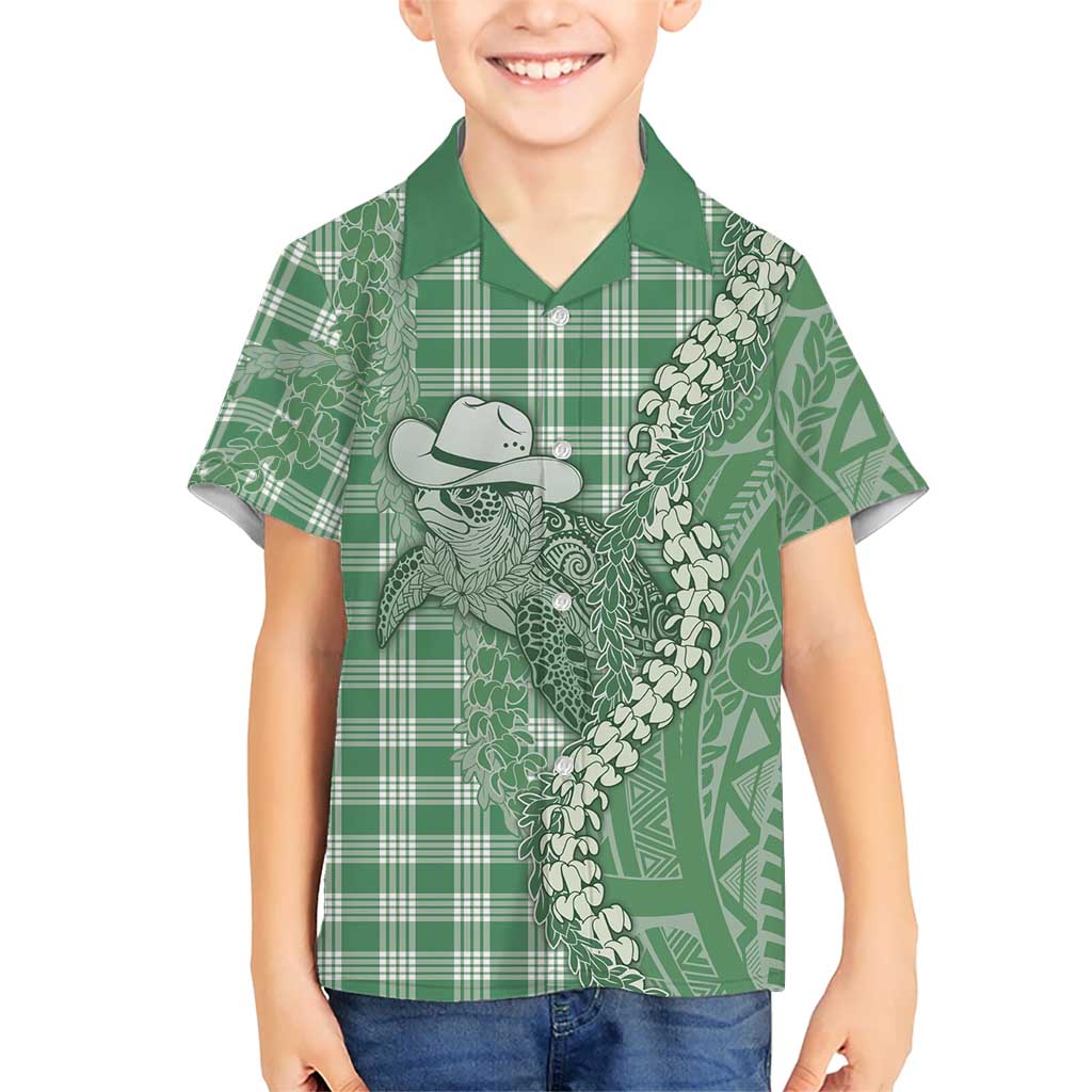 Green Hawaii Palaka Cowboy Turtle Family Matching Off Shoulder Short Dress and Hawaiian Shirt Hawaiian Paniolo Puakenikeni Maile Lei DT05 Son's Shirt Green - Polynesian Pride